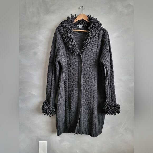 Jillian Jones 100% LambsWool Midi Cardigan Cable Knit Dark Gray Fisherman Sz XL - Picture 1 of 15